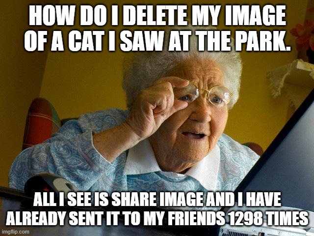 Grandma Finds The Internet Meme | HOW DO I DELETE MY IMAGE OF A CAT I SAW AT THE PARK. ALL I SEE IS SHARE IMAGE AND I HAVE ALREADY SENT IT TO MY FRIENDS 1298 TIMES | image tagged in memes,grandma finds the internet | made w/ Imgflip meme maker