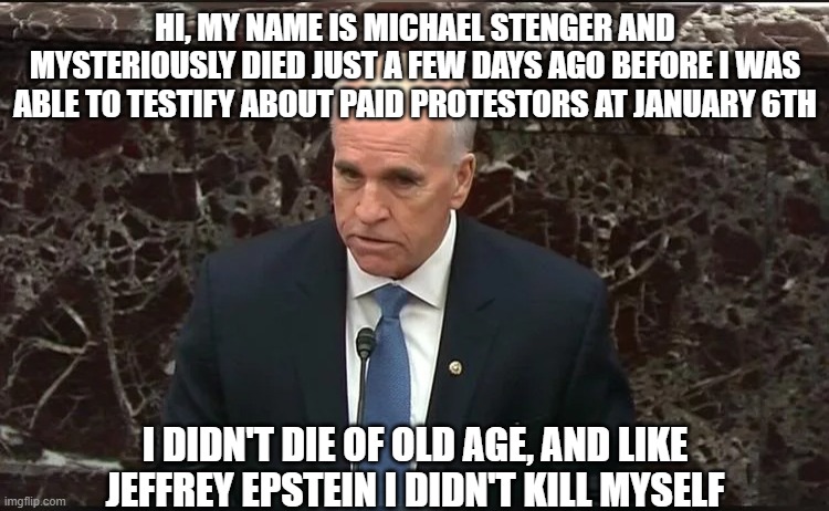 Stenger Didn't Kill Himself | HI, MY NAME IS MICHAEL STENGER AND MYSTERIOUSLY DIED JUST A FEW DAYS AGO BEFORE I WAS ABLE TO TESTIFY ABOUT PAID PROTESTORS AT JANUARY 6TH; I DIDN'T DIE OF OLD AGE, AND LIKE JEFFREY EPSTEIN I DIDN'T KILL MYSELF | image tagged in jeffrey epstein,january,deep state | made w/ Imgflip meme maker