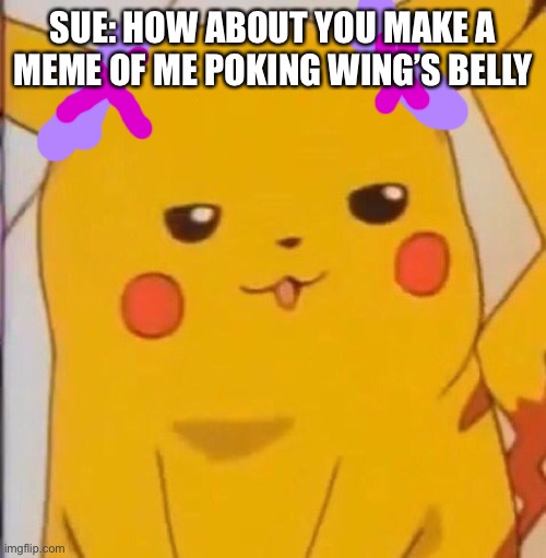 Smug Pikachu | SUE: HOW ABOUT YOU MAKE A MEME OF ME POKING WING’S BELLY | image tagged in smug pikachu | made w/ Imgflip meme maker