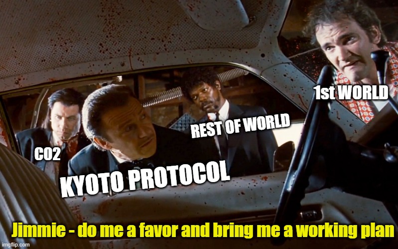  1st WORLD; REST OF WORLD; CO2; KYOTO PROTOCOL; Jimmie - do me a favor and bring me a working plan | image tagged in pulp fiction car | made w/ Imgflip meme maker