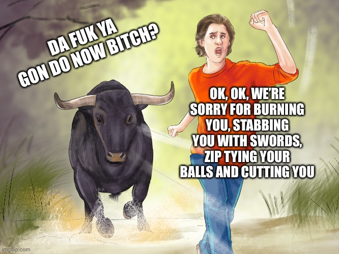 DA FUK YA GON DO NOW BITCH? OK, OK, WE’RE SORRY FOR BURNING YOU, STABBING YOU WITH SWORDS, ZIP TYING YOUR BALLS AND CUTTING YOU | made w/ Imgflip meme maker