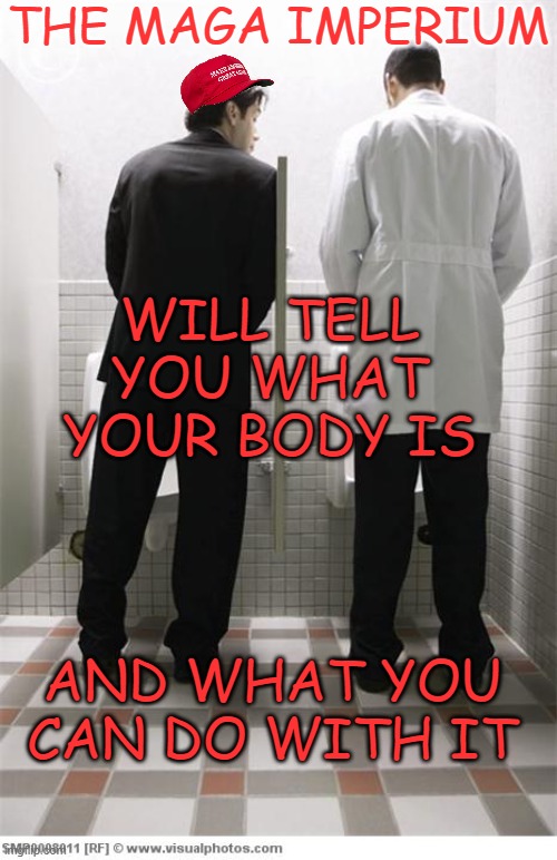 Mens Bathroom | THE MAGA IMPERIUM WILL TELL YOU WHAT YOUR BODY IS AND WHAT YOU CAN DO WITH IT | image tagged in mens bathroom | made w/ Imgflip meme maker