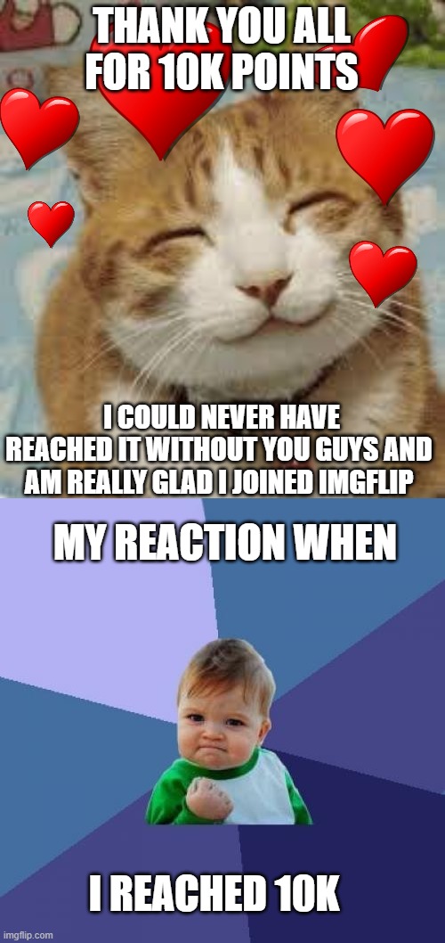 tysm guys <3 | THANK YOU ALL FOR 10K POINTS; I COULD NEVER HAVE REACHED IT WITHOUT YOU GUYS AND AM REALLY GLAD I JOINED IMGFLIP; MY REACTION WHEN; I REACHED 10K | image tagged in happy cat,memes,success kid | made w/ Imgflip meme maker