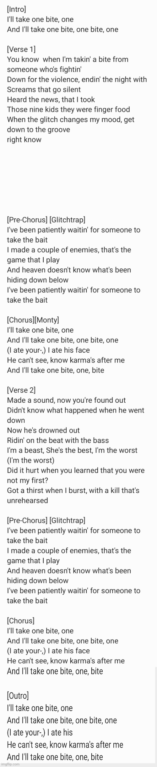 I fixed the lyrics to "One Bite" By Rockit Gaming | image tagged in song lyrics | made w/ Imgflip meme maker