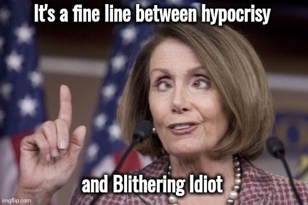 Nancy pelosi | It's a fine line between hypocrisy and Blithering Idiot | image tagged in nancy pelosi | made w/ Imgflip meme maker