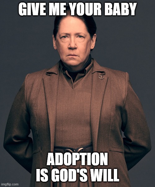Give me your baby | GIVE ME YOUR BABY; ADOPTION IS GOD'S WILL | image tagged in aunt lydia | made w/ Imgflip meme maker