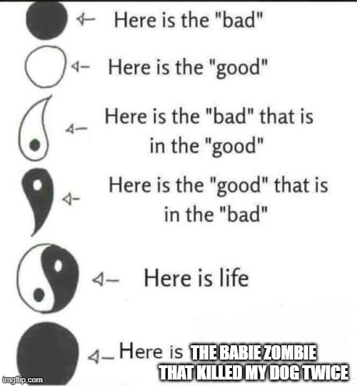 Here is the bad | THE BABIE ZOMBIE THAT KILLED MY DOG TWICE | image tagged in here is the bad | made w/ Imgflip meme maker