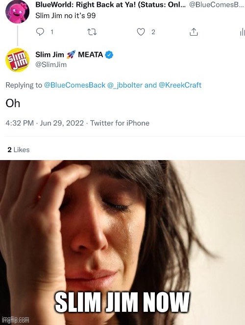 Whoops. | image tagged in memes,first world problems,slim jim,twitter,comments | made w/ Imgflip meme maker