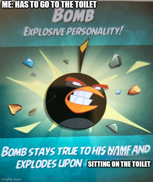 Boom | ME: HAS TO GO TO THE TOILET; SITTING ON THE TOILET | image tagged in kaboom | made w/ Imgflip meme maker