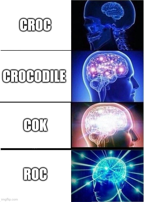 Expanding Brain Meme | CROC; CROCODILE; COK; ROC | image tagged in memes,expanding brain | made w/ Imgflip meme maker