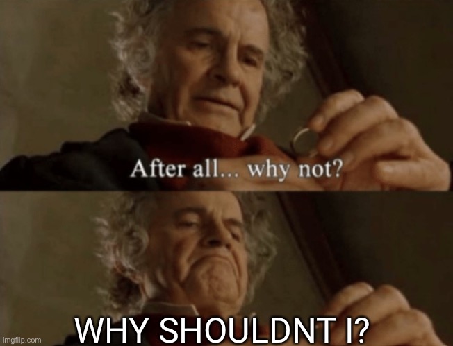 After all.. why not? | WHY SHOULDNT I? | image tagged in after all why not | made w/ Imgflip meme maker