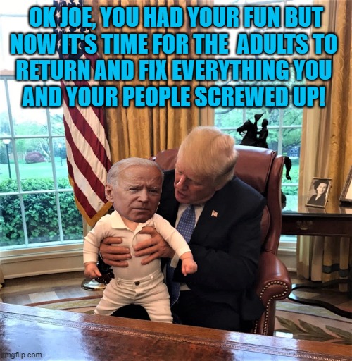 Trump and baby Biden |  OK JOE, YOU HAD YOUR FUN BUT
NOW IT'S TIME FOR THE  ADULTS TO 
RETURN AND FIX EVERYTHING YOU 
AND YOUR PEOPLE SCREWED UP! | image tagged in political humor,president trump,joe biden,fun,screwed up,adults | made w/ Imgflip meme maker