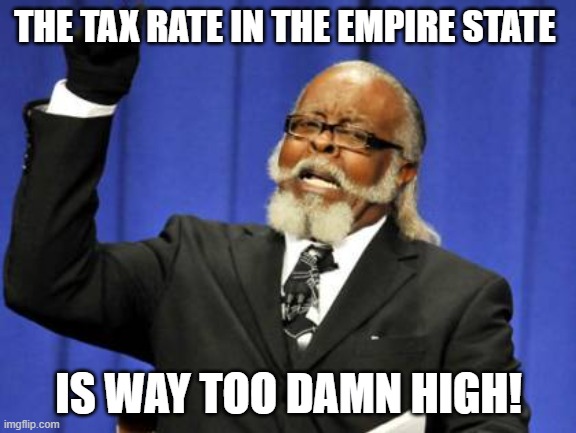 All New Yorkers would agree with this. | THE TAX RATE IN THE EMPIRE STATE; IS WAY TOO DAMN HIGH! | image tagged in memes,too damn high,new york,new york city,taxes,american politics | made w/ Imgflip meme maker