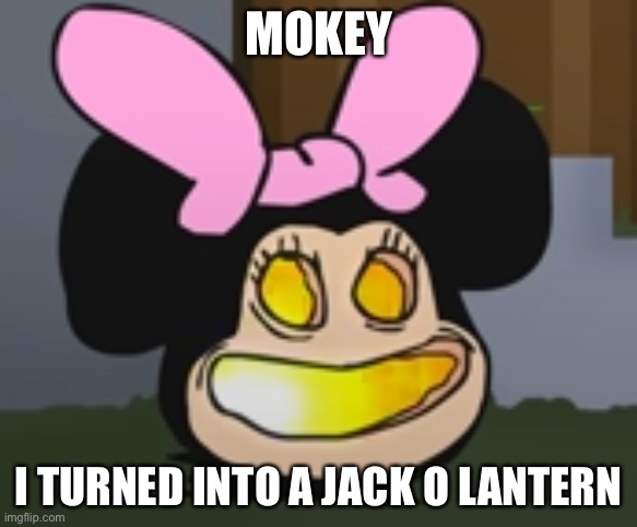 MOKEY; I TURNED INTO A JACK O LANTERN | image tagged in momi jack o lantern | made w/ Imgflip meme maker