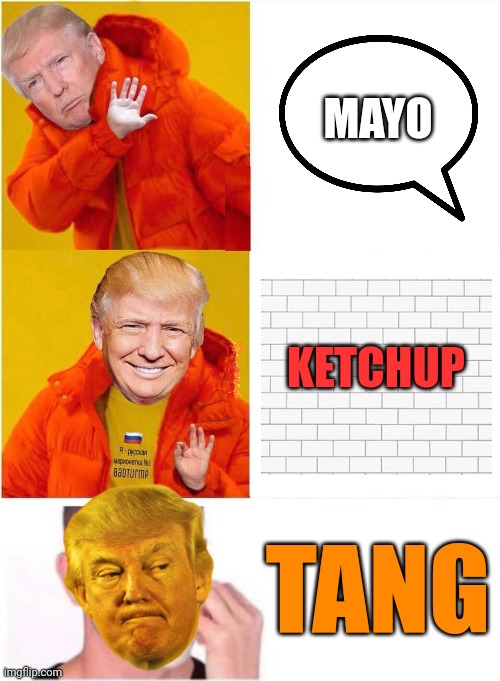 MAYO; KETCHUP; TANG | image tagged in trump as drake hate vs love blank,clown applying makeup,white fragility,health food,orangeface,the wall | made w/ Imgflip meme maker