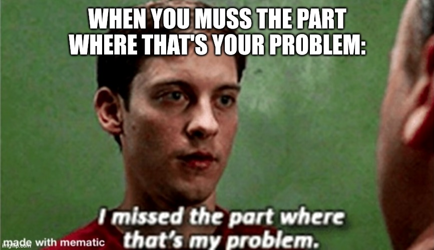 Tobey i missed the part where that's my problem | WHEN YOU MUSS THE PART WHERE THAT'S YOUR PROBLEM: | image tagged in tobey i missed the part where that's my problem | made w/ Imgflip meme maker