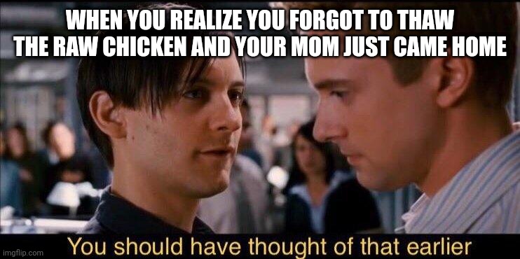 You should have thought of that earlier | WHEN YOU REALIZE YOU FORGOT TO THAW THE RAW CHICKEN AND YOUR MOM JUST CAME HOME | image tagged in you should have thought of that earlier | made w/ Imgflip meme maker