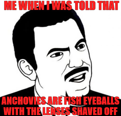 you kidding me right | ME WHEN I WAS TOLD THAT; ANCHOVIES ARE FISH EYEBALLS WITH THE LENSES SHAVED OFF | image tagged in memes,seriously face | made w/ Imgflip meme maker