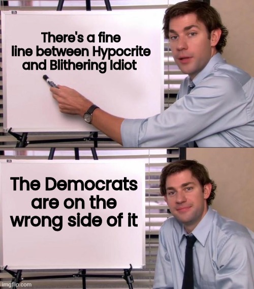 Lying ! They can't tell anymore | There's a fine line between Hypocrite and Blithering Idiot; The Democrats are on the wrong side of it | image tagged in jim halpert explains,liberal hypocrisy,flip flops,stupid question,stupid test answers,politicians suck | made w/ Imgflip meme maker