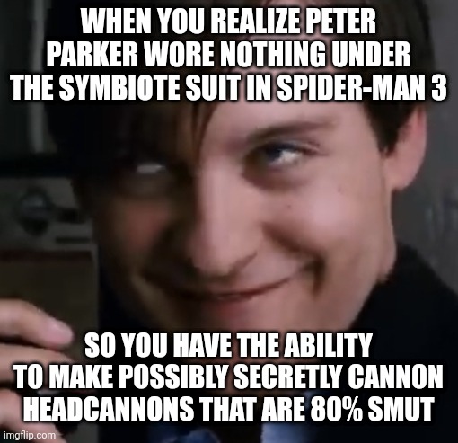 Bully Maguire face | WHEN YOU REALIZE PETER PARKER WORE NOTHING UNDER THE SYMBIOTE SUIT IN SPIDER-MAN 3; SO YOU HAVE THE ABILITY TO MAKE POSSIBLY SECRETLY CANNON HEADCANNONS THAT ARE 80% SMUT | image tagged in bully maguire face | made w/ Imgflip meme maker