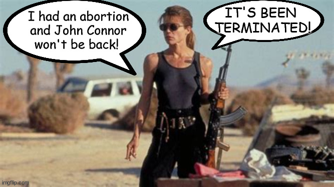 He won't be back! | IT'S BEEN
 TERMINATED! I had an abortion
and John Connor
won't be back! | image tagged in teminated,sarah connor,abortion | made w/ Imgflip meme maker