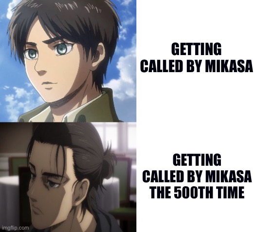 Take a shot everytime mikasa says ereh | GETTING CALLED BY MIKASA; GETTING CALLED BY MIKASA THE 500TH TIME | image tagged in eren getting tired,attack on titan,eren jaeger | made w/ Imgflip meme maker