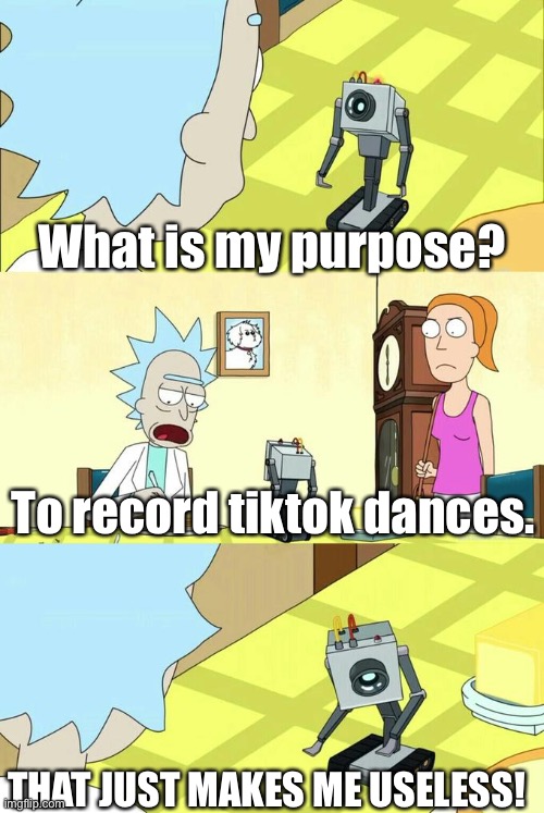 What's My Purpose - Butter Robot | What is my purpose? To record tiktok dances. THAT JUST MAKES ME USELESS! | image tagged in what's my purpose - butter robot | made w/ Imgflip meme maker