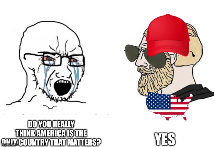 European Redditors are a migraine | YES; DO YOU REALLY THINK AMERICA IS THE ONLY COUNTRY THAT MATTERS? | image tagged in soyboy vs yes chad | made w/ Imgflip meme maker