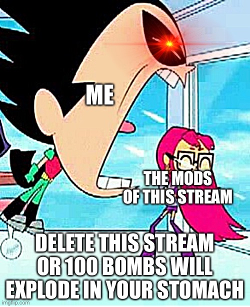 IM TALKING ABOUT THE ANDY_HATERS_SUCK STREAM WHY DO I KEEP ON POSTING IN THE WRONG STREAM | ME; THE MODS OF THIS STREAM; DELETE THIS STREAM OR 100 BOMBS WILL EXPLODE IN YOUR STOMACH | image tagged in robin screaming,delete this stream | made w/ Imgflip meme maker