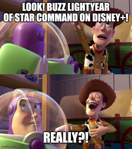 Toy Story funny scene | LOOK! BUZZ LIGHTYEAR OF STAR COMMAND ON DISNEY+! REALLY?! | image tagged in toy story funny scene | made w/ Imgflip meme maker