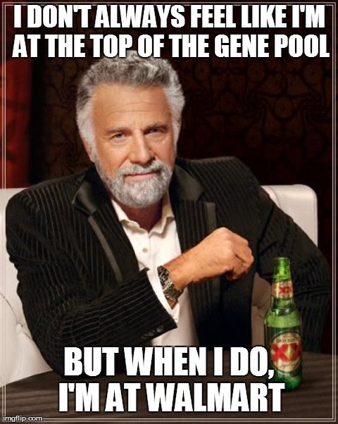 The Most Interesting Man In The World Meme | I DON'T ALWAYS FEEL LIKE I'M AT THE TOP OF THE GENE POOL BUT WHEN I DO, I'M AT WALMART | image tagged in memes,the most interesting man in the world | made w/ Imgflip meme maker