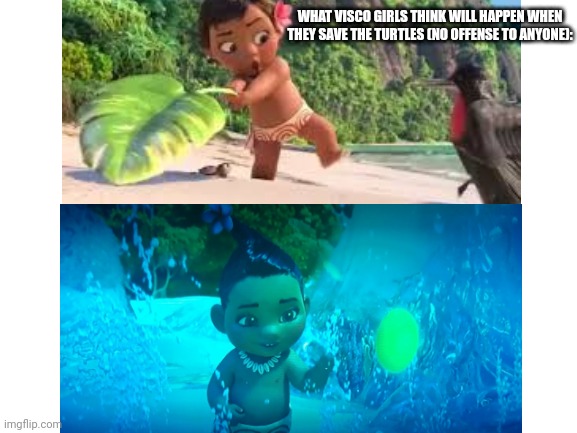 What Visco Girls think will happen when they save the turtles (no offense to anyone). |  WHAT VISCO GIRLS THINK WILL HAPPEN WHEN THEY SAVE THE TURTLES (NO OFFENSE TO ANYONE): | image tagged in moana,turtles | made w/ Imgflip meme maker
