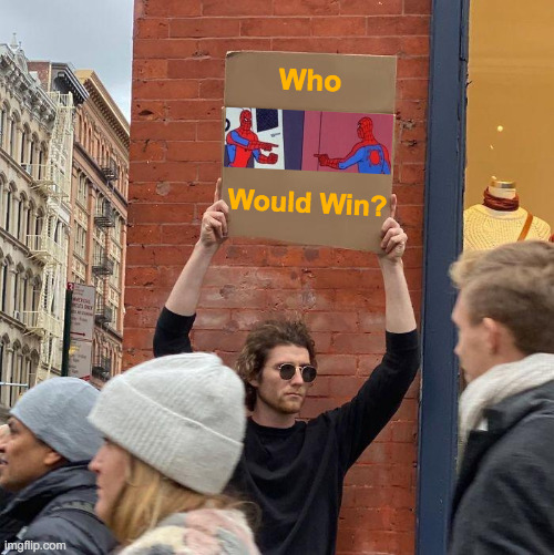 I Want to Know |  Who; Would Win? | image tagged in memes,guy holding cardboard sign,spiderman mirror,who would win,who are you,people who know | made w/ Imgflip meme maker