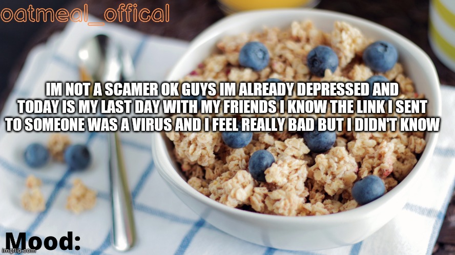 The Oat Temp | IM NOT A SCAMER OK GUYS IM ALREADY DEPRESSED AND TODAY IS MY LAST DAY WITH MY FRIENDS I KNOW THE LINK I SENT TO SOMEONE WAS A VIRUS AND I FEEL REALLY BAD BUT I DIDN'T KNOW | image tagged in the oat temp | made w/ Imgflip meme maker