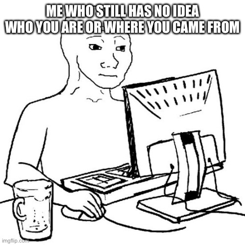 Wojak at Computer | ME WHO STILL HAS NO IDEA WHO YOU ARE OR WHERE YOU CAME FROM | image tagged in wojak at computer | made w/ Imgflip meme maker