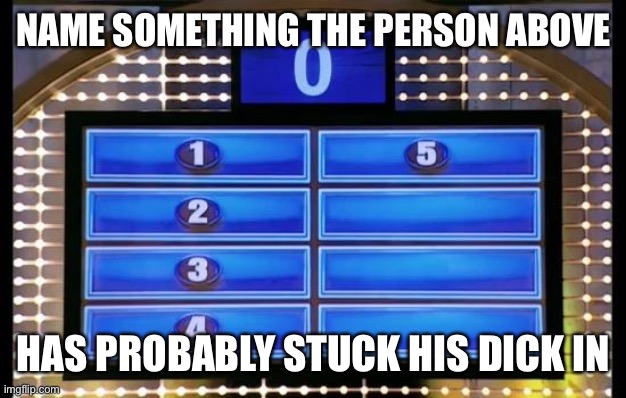 family feud | NAME SOMETHING THE PERSON ABOVE; HAS PROBABLY STUCK HIS DICK IN | image tagged in family feud | made w/ Imgflip meme maker