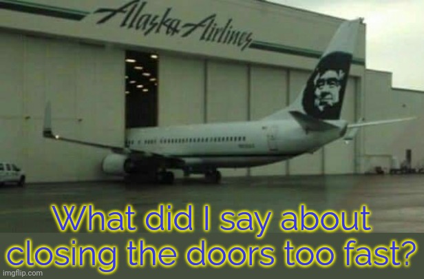 The painting on the tail looks like it's laughing at them. | What did I say about closing the doors too fast? | image tagged in alaska airplane,for really big mistakes,check yourself before you wreck yourself | made w/ Imgflip meme maker