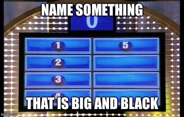 family feud | NAME SOMETHING; THAT IS BIG AND BLACK | image tagged in family feud | made w/ Imgflip meme maker