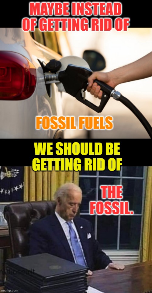 How Does This Sound? | MAYBE INSTEAD 0F GETTING RID OF; FOSSIL FUELS; WE SHOULD BE GETTING RID OF; THE FOSSIL. | image tagged in memes,politics,no more,fossil fuel,joe biden,fossil | made w/ Imgflip meme maker