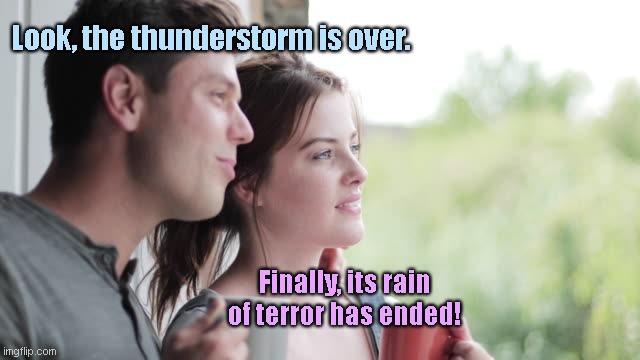 Shining down like water | Look, the thunderstorm is over. Finally, its rain of terror has ended! | image tagged in couple gazes out window,rain,thunderstorm,pun,humor | made w/ Imgflip meme maker