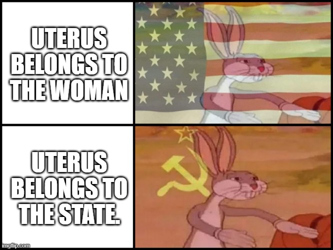This really doesn't need words. Speaks for itself. | UTERUS BELONGS TO THE WOMAN; UTERUS BELONGS TO THE STATE. | image tagged in capitalist and communist,maga,hypocrisy | made w/ Imgflip meme maker