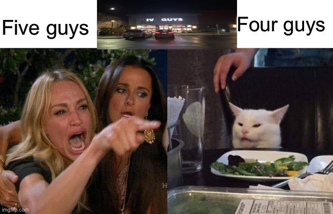 Kids use your roman numeral knowledge, (NOT AN ORIGINAL MEME) | Four guys; Five guys | image tagged in memes,woman yelling at cat | made w/ Imgflip meme maker