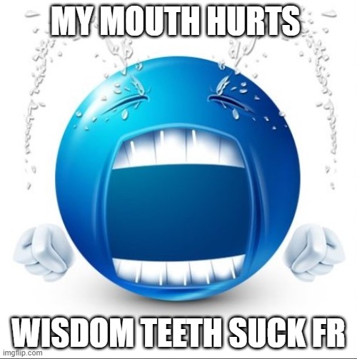 Crying Blue guy | MY MOUTH HURTS; WISDOM TEETH SUCK FR | image tagged in crying blue guy | made w/ Imgflip meme maker