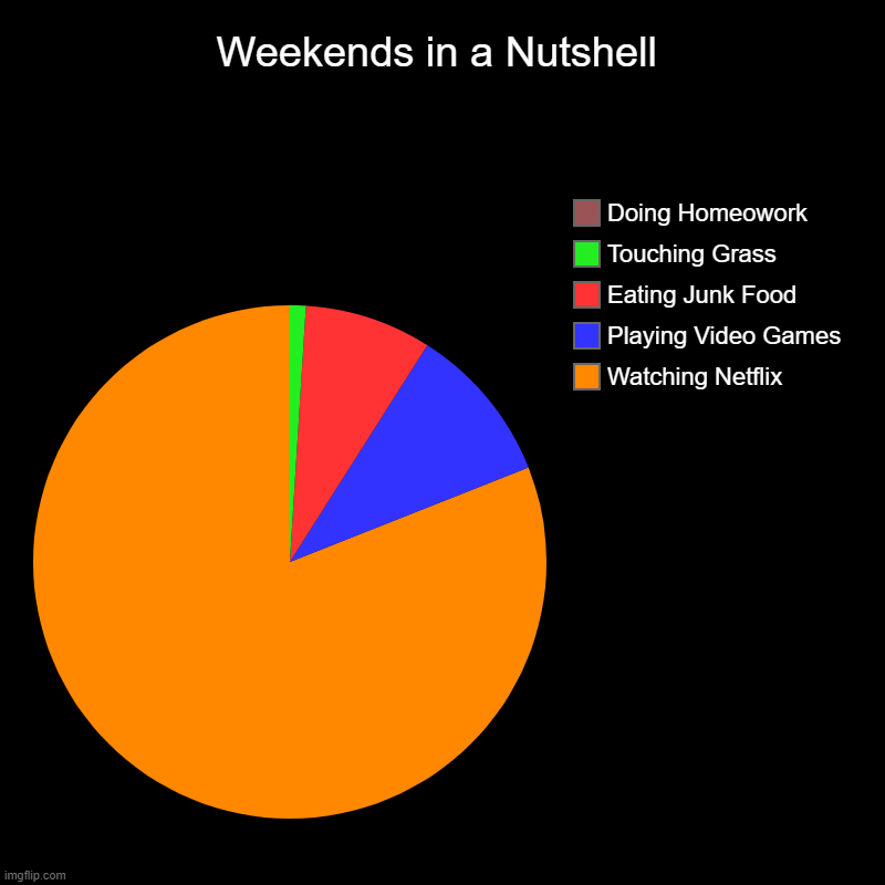 weekends | Weekends in a Nutshell | Watching Netflix, Playing Video Games, Eating Junk Food, Touching Grass, Doing Homeowork | image tagged in charts,pie charts | made w/ Imgflip chart maker