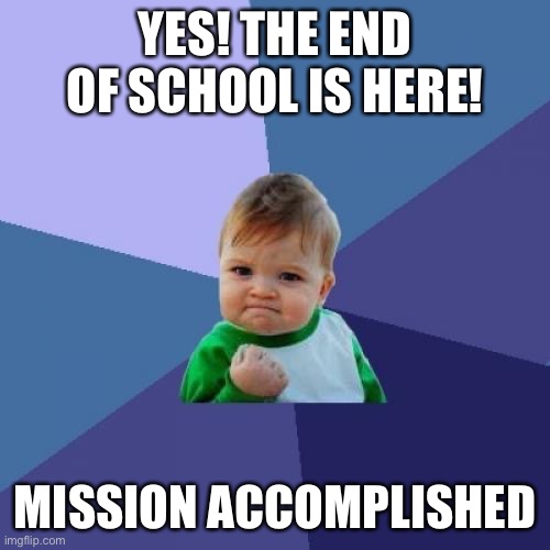 Mission accomplished. | YES! THE END OF SCHOOL IS HERE! MISSION ACCOMPLISHED | image tagged in memes,success kid | made w/ Imgflip meme maker