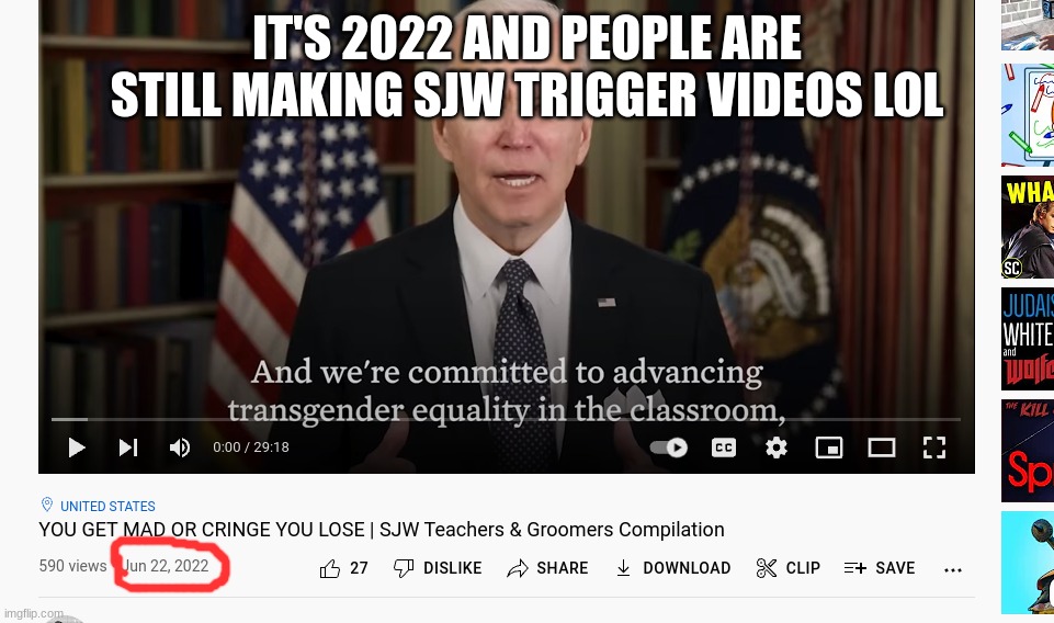 IT'S 2022 AND PEOPLE ARE STILL MAKING SJW TRIGGER VIDEOS LOL | image tagged in sjw,2022,grow up | made w/ Imgflip meme maker
