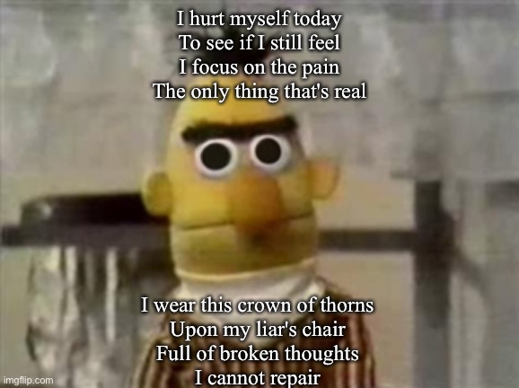 Hurt Bert | I hurt myself today
To see if I still feel
I focus on the pain
The only thing that's real I wear this crown of thorns
Upon my liar's chair
F | image tagged in bert muppet what did i just see,bert,hurt,johnny cash | made w/ Imgflip meme maker