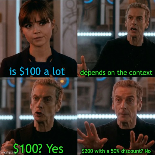 Is Four A Lot | is $100 a lot; depends on the context; $200 with a 50% discount? No; $100? Yes | image tagged in is four a lot | made w/ Imgflip meme maker