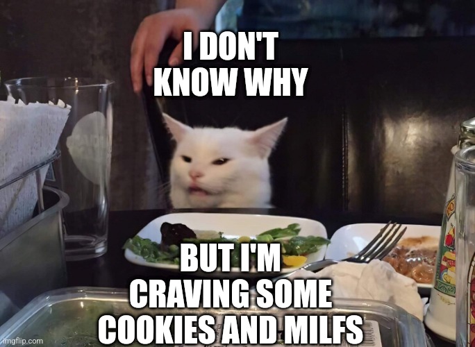 I DON'T KNOW WHY; BUT I'M CRAVING SOME COOKIES AND MILFS | image tagged in smudge the cat | made w/ Imgflip meme maker