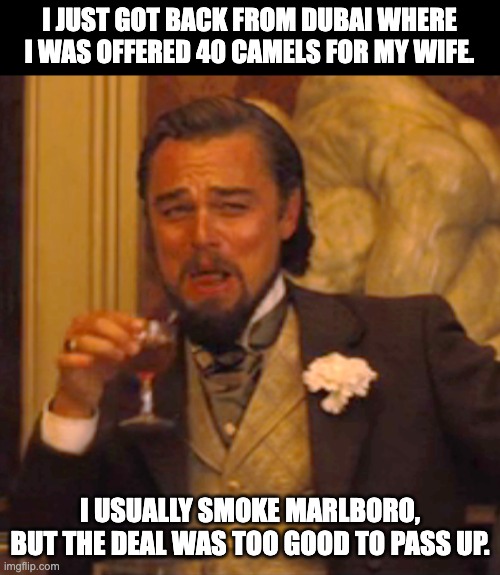 Camel | I JUST GOT BACK FROM DUBAI WHERE I WAS OFFERED 40 CAMELS FOR MY WIFE. I USUALLY SMOKE MARLBORO, BUT THE DEAL WAS TOO GOOD TO PASS UP. | image tagged in memes,laughing leo | made w/ Imgflip meme maker